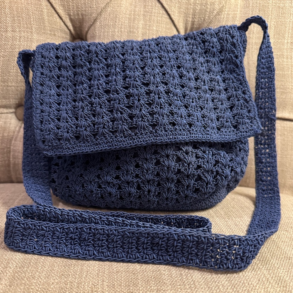 Crocheted Small Sling Bag in Blue Shade.